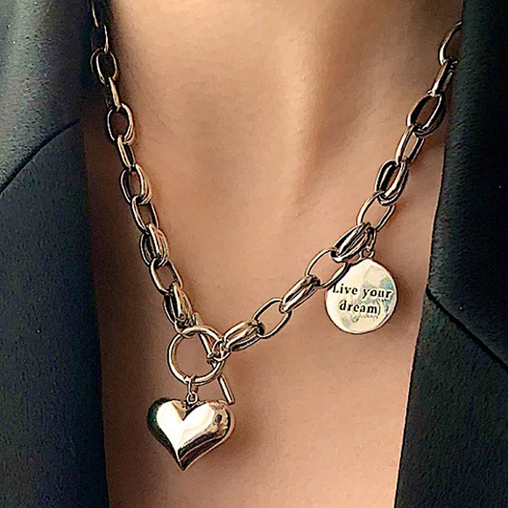 Sterling Silver Heart Chain Link Charm Pendant Toggle Necklace